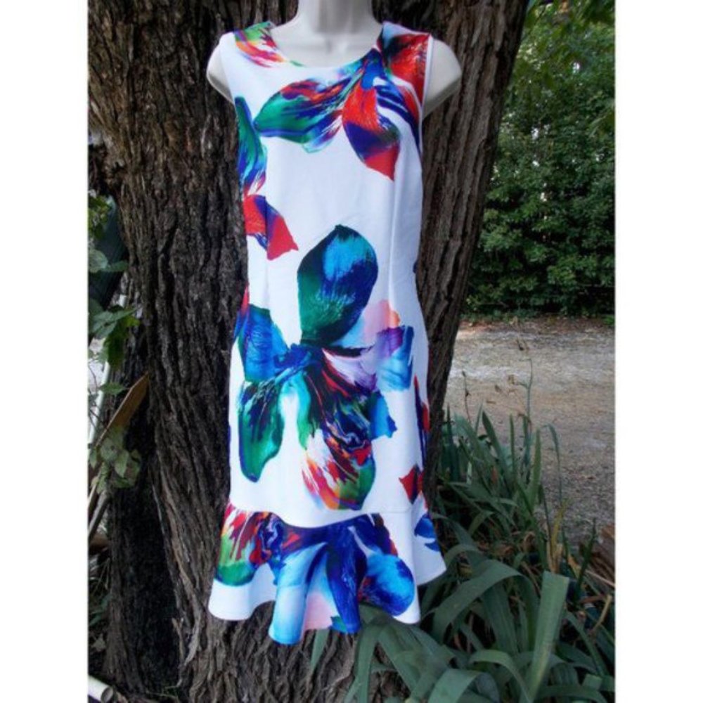 CATO - Floral Sheath Dress w/ Flared Ruffle -14-